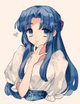  1girl asakura_ryouko bangs blue_eyes blue_hair closed_mouth commentary_request eyebrows_visible_through_hair hand_up heart highres long_hair mochoeru parted_bangs puffy_short_sleeves puffy_sleeves shirt short_sleeves simple_background smile solo suzumiya_haruhi_no_yuuutsu upper_body white_background white_shirt 