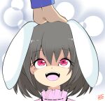  1girl 1other animal_ears bangs black_hair commentary_request dress eyebrows_visible_through_hair face floppy_ears frilled_dress frills hair_between_eyes headpat inaba_tewi iq5 open_mouth pink_dress rabbit_ears red_eyes shaded_face short_hair signature smile solo_focus touhou 