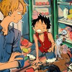  3boys blonde_hair crossed_arms crying food ghost head_bump highres looking_at_another looking_back makenevemoiine male_focus monkey_d._luffy multiple_boys one_piece open_mouth refrigerator reindeer sanji tony_tony_chopper 