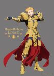  1boy absurdres armor armored_boots artist_request blonde_hair boots commentary_request copyright fate/extella fate/extra fate_(series) full_body gilgamesh_(fate) gold_armor grey_background happy_birthday highres male_focus microphone official_art open_mouth red_eyes shoulder_armor smile solo 