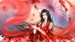  absurdres black_hair cai_lin_(doupo_cangqiong) doupo_cangqiong dress flower highres jewelry lamia long_hair mei_du_sha_nuwang_zhuye monster_girl red_dress red_eyes silk smile umbrella weibo_id 