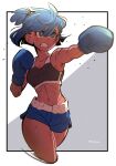  1girl amazu_(kurozu) black_sports_bra blue_eyes blue_gloves blue_hair blue_shorts border borrowed_character boxing_gloves breasts cropped_legs dif_(difman) dolphin_shorts gloves grimace highres motion_blur navel original outside_border petite punching serious short_hair shorts signature simple_background small_breasts solo sports_bra sweat tan tomboy topknot white_border 