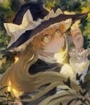  1girl :/ blonde_hair bow ella20001019 forest grass hair_between_eyes hand_up hat hat_bow highres kirisame_marisa long_hair looking_at_viewer nature outdoors solo touhou tree upper_body white_bow witch_hat yellow_eyes 