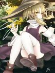  1girl blonde_hair boots day detached_sleeves expressionless hair_ribbon hat jewelry knees_together_feet_apart long_sleeves looking_to_the_side moriya_suwako outdoors pon_(ruu_at611) profile ribbon ring shirt signature sitting skirt solo thigh-highs touhou vest white_legwear wide_sleeves yellow_eyes 