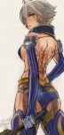  1girl ahoge ass breasts dated detached_sleeves final_fantasy genderswap genderswap_(mtf) gloves grey_hair looking_at_viewer mobius_final_fantasy payu_(pyms11) short_hair simple_background solo thigh-highs weapon wol yellow_eyes 