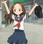  1girl absurdres anime_screencap arms_up bag brown_hair highres karakai_jouzu_no_takagi-san sailor_collar sailor_shirt school_bag school_uniform shirt skirt takagi-san 