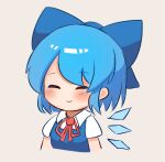  1girl bangs blue_bow blue_hair bow cirno closed_eyes closed_mouth cropped_torso english_commentary eyebrows_visible_through_hair facing_viewer ferdy&#039;s_lab grey_background hair_bow ice ice_wings short_hair short_sleeves simple_background smile solo touhou wings 
