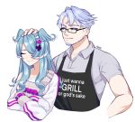  1boy 1girl apron beard black_apron breasts closed_eyes collared_shirt elira_pendora english_commentary facial_hair father_and_daughter glasses grey_overalls hair_behind_ear head_wings headpat highres i_just_wanna_grill_for_god&#039;s_sake long_hair medium_breasts nijisanji nijisanji_en off_shoulder overalls rabure shirt smile sweater upper_body virtual_youtuber white_background white_sweater 