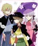  1girl 2boys alternate_costume bangs black_cape black_gloves black_headwear black_ribbon braid brown_hair cape danganronpa:_trigger_happy_havoc danganronpa_(series) eyebrows_visible_through_hair flower glasses gloves green_skirt grey_background hair_ribbon hand_on_hip japanese_clothes kimono kirigiri_kyouko long_hair long_sleeves multiple_boys naegi_makoto oil-paper_umbrella open_mouth pink_kimono pleated_skirt red_cape ribbon semi-rimless_eyewear shiny shiny_hair short_hair simple_background skirt sweatdrop togami_byakuya two-tone_cape umbrella yumemiya 