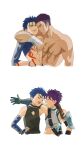  ^_^ abs absurdres arm_around_shoulder bandages biceps blue_hair bodypaint bracelet closed_eyes collarbone cu_chulainn_(fate) cu_chulainn_(fate/stay_night) detached_sleeves earrings fate/grand_order fate_(series) fergus_mac_roich_(fate) fergus_mac_roich_(young)_(fate) gloves grin hand_on_hip highres jewelry male_focus multiple_boys multiple_views muscular muscular_male navel pectorals ponytail purple_hair scar scar_on_chest shirt shitakawa simple_background skin_tight sleeveless sleeveless_shirt smile spiky_hair younger 
