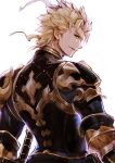  1boy ahoge armor blonde_hair blue_eyes draph erune from_side granblue_fantasy harvin holding holding_weapon long_hair looking_at_viewer male_focus open_mouth profile seofon_(granblue_fantasy) smile uroko_(mnr) weapon 