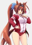  1girl animal_ears bangs blush breasts brown_hair buruma cowboy_shot daiwa_scarlet_(umamusume) eyebrows_visible_through_hair grey_background gym_uniform hair_between_eyes hair_intakes hair_ornament hand_on_hip hand_on_own_chest highres horse_ears horse_girl horse_tail jacket large_breasts long_hair long_sleeves looking_at_viewer multicolored_clothes multicolored_jacket n36hoko open_mouth red_buruma simple_background solo tail thighs tiara twintails two-tone_jacket umamusume violet_eyes 