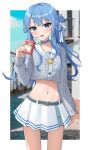  1girl absurdres alternate_costume aran_sweater belt blue_choker blue_eyes blue_hair blurry choker collarbone cowboy_shot crop_top crop_top_overhang depth_of_field grey_shirt grey_sweater hair_ribbon hand_up highres holding hololive hoshimachi_suisei juice_box long_hair long_sleeves looking_at_viewer midriff miniskirt navel open_mouth pleated_skirt revealing_clothes ribbed_sweater ribbon sailor_collar shirt skirt solo stomach sweater thighs twintails virtual_youtuber white_skirt woogi 