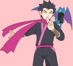  1boy bangs black_eyes black_hair black_jacket black_pants closed_mouth commentary_request cowboy_shot fishnet_shirt floating_scarf golbat half-closed_eyes jacket koga_(pokemon) male_focus on_shoulder pants pink_background pokemon pokemon_(creature) pokemon_(game) pokemon_frlg pokemon_on_shoulder purple_scarf scarf shitappa short_hair simple_background spiky_hair 