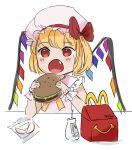  1girl :o apple artist_name blonde_hair bottle burger commentary crystal eating english_commentary eyebrows_visible_through_hair fang flandre_scarlet food frilled_sleeves frills fruit happy_meal hat hat_ribbon holding holding_food keyutea mcdonald&#039;s milk milk_bottle mob_cap open_mouth red_eyes red_ribbon ribbon shirt short_hair short_sleeves simple_background solo touhou twitter_username upper_body white_background white_headwear white_shirt wings wrist_cuffs 