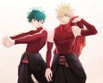  2boys bakugou_katsuki bare_shoulders belt black_coat blonde_hair boku_no_hero_academia brown_belt cho_mo_futoshi closed_mouth clothes_around_waist coat commentary_request detached_sleeves freckles fringe_trim green_eyes green_hair holding holding_clothes holding_scarf long_sleeves male_focus midoriya_izuku multiple_boys official_alternate_costume own_hands_clasped own_hands_together red_eyes red_scarf red_shirt scar scarf shirt short_hair simple_background spiky_hair standing stretch teeth tight tight_shirt white_background 
