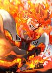  1boy armor blue_bodysuit bodysuit boku_no_hero_academia clenched_teeth endeavor_(boku_no_hero_academia) fiery_hair fighting_stance fire foreshortening kanapy male_focus mature_male muscular muscular_male pauldrons serious short_hair shoulder_armor solo spiky_hair teeth third-party_source upper_body 