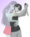  1boy 1girl bangs black_eyes black_hair black_shirt black_sweater_vest brother_and_sister closed_eyes collared_shirt commentary_request ghost grey_shorts holding holding_knife hug hug_from_behind kitchen_knife knife long_hair mari_(omori) neck_ribbon omori pleated_skirt red_ribbon red_skirt ribbon shirt short_hair shorts siblings skirt sleeveless smile spoilers striped striped_shorts suicide sunny_(omori) sweater_vest tio_zomi white_shirt 