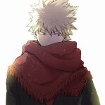  1boy bakugou_katsuki black_coat blonde_hair boku_no_hero_academia cho_mo_futoshi coat covered_mouth fringe_trim male_focus official_alternate_costume red_eyes red_scarf scarf simple_background solo spiky_hair white_background 