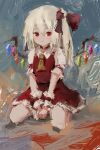  1girl ascot bangs between_legs black_choker blonde_hair blue_background blush bow choker closed_mouth flandre_scarlet frilled_cuffs frilled_sleeves frills full_body hair_between_eyes hair_bow hand_between_legs highres light_smile long_hair looking_at_viewer miniskirt no_lineart one_side_up own_hands_together petticoat puffy_short_sleeves puffy_sleeves red_bow red_eyes red_skirt red_vest reddizen short_sleeves sitting skirt skirt_set solo touhou vest wariza wing_collar wings wrist_cuffs yellow_ascot 