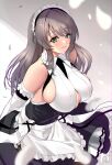  1girl apron ayakichi azur_lane bare_shoulders black_dress breasts charybdis_(azur_lane) clothing_cutout dress eyebrows_visible_through_hair framed_breasts frilled_apron frills from_side gloves green_eyes grey_hair highres huge_breasts long_hair looking_at_viewer looking_to_the_side maid maid_headdress simple_background sleeveless sleeveless_dress solo underboob_cutout white_apron white_gloves 