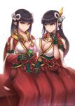  2girls black_gloves black_hair breasts gloves hakama highres hinoa japanese_clothes kimono large_breasts long_hair looking_at_viewer minoto monster_hunter_(series) monster_hunter_rise multiple_girls pointy_ears red_hakama siblings sideboob sisters skyde_kei smile tagme twins yellow_eyes 