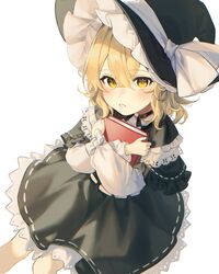  1girl artist_name bangs black_bow black_bowtie black_capelet black_choker black_dress black_headwear blonde_hair blush book bow bowtie capelet choker closed_mouth commentary_request crossed_arms dress eyebrows_visible_through_hair eyes_visible_through_hair frills hair_between_eyes hands_up hat hat_ribbon highres hug jill_07km kirisame_marisa long_sleeves looking_at_viewer looking_up puffy_long_sleeves puffy_sleeves ribbon shirt short_hair signature simple_background sitting solo teeth touhou white_background white_bow white_ribbon white_shirt witch_hat yellow_eyes 