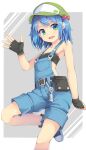  1girl :d alternate_costume bare_shoulders black_gloves blue_eyes blue_hair breasts cabbie_hat eyebrows_visible_through_hair fingerless_gloves flat_chest gloves hair_bobbles hair_ornament hat highres kawashiro_nitori looking_at_viewer open_mouth overalls short_hair shorts simple_background smile solo touhou two_side_up uumaru v-shaped_eyebrows white_background 