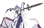  1girl bangs black_hair blue_eyes chinese_clothes closed_mouth fu_hua highres holding holding_polearm holding_weapon honkai_(series) honkai_impact_3rd horse_girl long_hair long_sleeves looking_at_viewer polearm shirt simple_background skavenprime sketch solo spear weapon white_background white_shirt 
