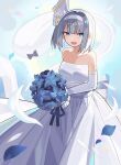  1girl :d bangs bare_shoulders blue_eyes blunt_bangs bouquet collarbone commentary_request dress elbow_gloves eyebrows_visible_through_hair falken_(yutozin) flower gloves hairband highres holding holding_bouquet konpaku_youmu konpaku_youmu_(ghost) looking_at_viewer petals short_hair silver_hair smile solo touhou wedding_dress white_dress white_hairband 