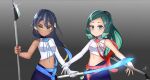  2girls black_hair dark-skinned_female dark_skin eyeliner fate/grand_order fate_(series) gloves green_eyes green_hair hair_between_eyes highres long_hair long_sleeves makeup multicolored_hair multiple_girls phuc_trong_sang polearm ponytail shirt siblings sidelocks single_sleeve sisters smile spear streaked_hair trung_nhi_(fate) trung_trac_(fate) wavy_hair weapon white_shirt yellow_eyes 