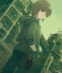 1girl black_pants brown_hair cowboy_shot dutch_angle expressionless green_hoodie green_sky green_theme hands_in_pockets highres hood hoodie kensight328 looking_at_viewer original outdoors pants pipe short_hair solo 