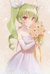  1girl anchovy_(girls_und_panzer) blush bouquet bow choker cowboy_shot dress drill_hair elbow_gloves flower girls_und_panzer gloves green_hair hair_bow highres looking_at_viewer red_eyes ribbon solo twin_drills wedding_dress yaminabe_(szhal14) 