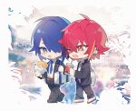  2boys backpack bag belt black_jacket black_pants blue_eyes blue_hair blue_necktie blurry blurry_background brown_belt burger chibi collared_shirt cup disposable_cup dress_shirt drink drinking_straw ear_piercing food hair_over_one_eye holding holding_cup holding_drink holding_food jacket long_sleeves male_focus multiple_boys necktie open_clothes open_jacket open_mouth original pants piercing red_eyes redhead shirt short_hair standing teeth upper_teeth walking white_bag white_shirt yusa_(yusa0751) 