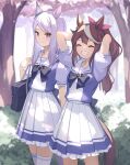  2girls animal_ears arms_behind_head asicah bag blush brown_hair bush closed_eyes closed_mouth dated grin horse_ears horse_girl horse_tail long_hair mejiro_mcqueen_(umamusume) multicolored_hair multiple_girls open_mouth outdoors ponytail puffy_short_sleeves puffy_sleeves purple_hair purple_shirt sailor_collar school_bag school_uniform shirt short_sleeves skirt smile streaked_hair tail teeth thigh-highs tokai_teio_(umamusume) tracen_school_uniform tree umamusume walking white_legwear white_skirt 