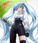  1girl black_gloves black_legwear blue_eyes blue_hair closed_mouth eyebrows_visible_through_hair flag gloves green_gloves hair_between_eyes hatsune_miku holding holding_flag light_blue_eyes light_blue_hair long_hair multicolored_clothes multicolored_gloves po_ppe racing_miku_(2022) see-through skindentation smile solo thigh-highs twintails two-tone_gloves very_long_hair vocaloid 