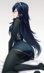  1girl ameno_(a_meno0) ass blue_eyes breasts fire_emblem fire_emblem_awakening grey_background kneeling long_hair long_sleeves looking_at_viewer looking_back lucina_(fire_emblem) open_mouth pantyhose small_breasts solo sweater symbol-shaped_pupils tiara 