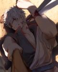  1boy blood blood_on_face clenched_teeth gintama highres holding holding_sword holding_weapon injury lying male_focus on_back on_ground red_eyes sakata_gintoki solo spotaka stab sword teeth weapon white_hair wooden_sword 