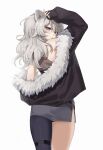  1girl :o absurdres animal_ears black_jacket from_behind fur-trimmed_jacket fur_trim grey_background grey_eyes grey_hair hair_between_eyes highres hololive jacket lion_ears long_hair long_sleeves looking_at_viewer looking_back maenoo shishiro_botan simple_background sleeves_past_wrists thighs virtual_youtuber 