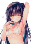  1girl :p arm_up armpits bangs bikini black_hair blue_hair blush breasts commentary_request hair_bobbles hair_ornament heart highres long_hair looking_at_viewer march-bunny multicolored_hair one_eye_closed one_side_up original simple_background small_breasts solo swimsuit tongue tongue_out twitter_username upper_body very_long_hair white_background white_bikini yellow_eyes 