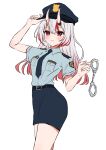 1girl absurdres adjusting_clothes adjusting_headwear alternate_costume black_skirt blue_necktie blue_shirt blush breasts collared_shirt cowboy_shot cuffs dress_shirt eyebrows_visible_through_hair hair_between_eyes handcuff_dangle handcuffs hat highres hololive horns karashi_(asarikarasi) long_hair looking_at_viewer medium_breasts miniskirt multicolored_hair nakiri_ayame necktie oni_horns parted_lips pencil_skirt police police_hat police_uniform red_eyes redhead shirt shirt_tucked_in short_sleeves silver_hair simple_background skirt smile solo standing streaked_hair two-tone_hair uniform virtual_youtuber white_background 