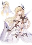  1girl absurdres armor armored_dress bangs bare_shoulders bianka_durandal_ataegina bianka_durandal_ataegina_(palatinus_equinox) bianka_durandal_ataegina_(palatinus_equinox)_(cosplay) blonde_hair breasts chibi clothing_cutout company_connection cosplay crossover flower full_body gauntlets genshin_impact hair_flower hair_ornament headband highres holding holding_polearm holding_weapon honkai_(series) honkai_impact_3rd looking_at_viewer looking_back lumine_(genshin_impact) mihoyo_technology_(shanghai)_co._ltd. multiple_views navel navel_cutout noctulilium polearm spear weapon white_background white_flower yellow_eyes 