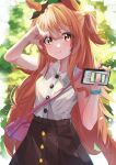  alternate_costume animal_ears arm_up bag blurry blurry_background blush breasts casual cellphone commentary_request hair_ornament handbag highres horse_ears horse_girl long_hair looking_at_viewer mayano_top_gun_(umamusume) minertime orange_hair phone sleeveless small_breasts smile umamusume yellow_eyes 