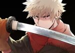  1boy bakugou_katsuki black_background blonde_hair boku_no_hero_academia brown_gloves brown_shirt cho_mo_futoshi closed_mouth commentary_request fringe_trim gloves holding holding_sword holding_weapon looking_at_viewer male_focus official_alternate_costume red_eyes red_scarf scarf shirt simple_background solo spiky_hair sword weapon 