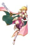  1girl armor artist_request bangs black_legwear blonde_hair blue_eyes breastplate cape dress elbow_gloves fire_emblem fire_emblem:_thracia_776 fire_emblem_heroes full_body gloves greaves highres holding holding_sword holding_weapon nanna_(fire_emblem) non-web_source official_art open_mouth pauldrons pink_cape pink_dress short_hair shoulder_armor solo sword thigh-highs transparent_background weapon white_gloves wing_hair_ornament 