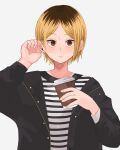  1610aoi 1boy adjusting_hair black_jacket blonde_hair brown_eyes cup disposable_cup eyebrows_visible_through_hair grey_background haikyuu!! highres holding holding_cup jacket kozume_kenma looking_at_viewer male_focus multicolored_hair shirt simple_background solo striped striped_shirt two-tone_hair 