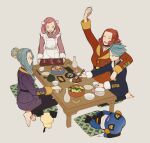  4girls :d amenboaoina apron arm_around_shoulder arm_up barefoot bottle bowl chopsticks closed_mouth commentary_request croagunk cup cyllene_(pokemon) food happy highres holding holding_chopsticks holding_tray jacket logo long_hair long_sleeves multiple_girls open_mouth orange_hair pesselle_(pokemon) pichu pink_hair plate pokemon pokemon_(creature) pokemon_(game) pokemon_legends:_arceus purple_jacket sanqua_(pokemon) short_hair sitting smile table toes tongue tray white_apron zisu_(pokemon) 