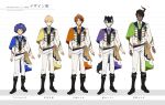  5boys afro ahoge alternate_costume alternate_hairstyle animal_ears aqua_eyes aragami_oga astel_leda award_ribbon bangs black_footwear black_hair black_vest blonde_hair blue_eyes blue_ribbon boots buttons character_name closed_mouth collar_chain collared_shirt commentary_request concept_art copyright copyright_name cross-laced_footwear dark-skinned_male dark_skin double-breasted ear_piercing earrings full_body gold_trim green_eyes green_ribbon hair_between_eyes height_chart heterochromia holostars horns idol jackal_boy jackal_ears jackal_tail jacket jewelry kageyama_shien kishido_temma knee_boots lace-up_boots layered_clothing light_smile looking_at_viewer male_focus multicolored_hair multiple_boys neck_ribbon nozaki_tsubata open_clothes open_jacket orange_eyes orange_hair orange_ribbon outstretched_arm pants parted_bangs piercing pleated_pants purple_ribbon ribbon sash shirt short_hair shoulder_cape simple_background single_earring single_horn smile standing straight-on streaked_hair swept_bangs two-tone_hair uniform v-shaped_eyebrows vest violet_eyes virtual_youtuber waistcoat white_hair white_jacket white_pants white_shirt yellow_eyes yellow_ribbon yukoku_roberu 