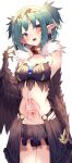  1girl :d absurdres bad_id bad_twitter_id bangs bare_shoulders blue_hair blush breasts eyebrows_visible_through_hair fur_trim hand_up highres jewelry jun_(aousa0328) looking_at_viewer medium_breasts navel o-ring open_mouth original pointy_ears pubic_tattoo red_eyes simple_background skirt smile solo stomach_tattoo tattoo tongue white_background 