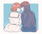  2girls blush closed_eyes dated enoki_sachi face-to-face highres long_hair multiple_girls nagatani_megumi okujou_no_yurirei-san peg short_hair simple_background sitting smile twitter_username yuri 